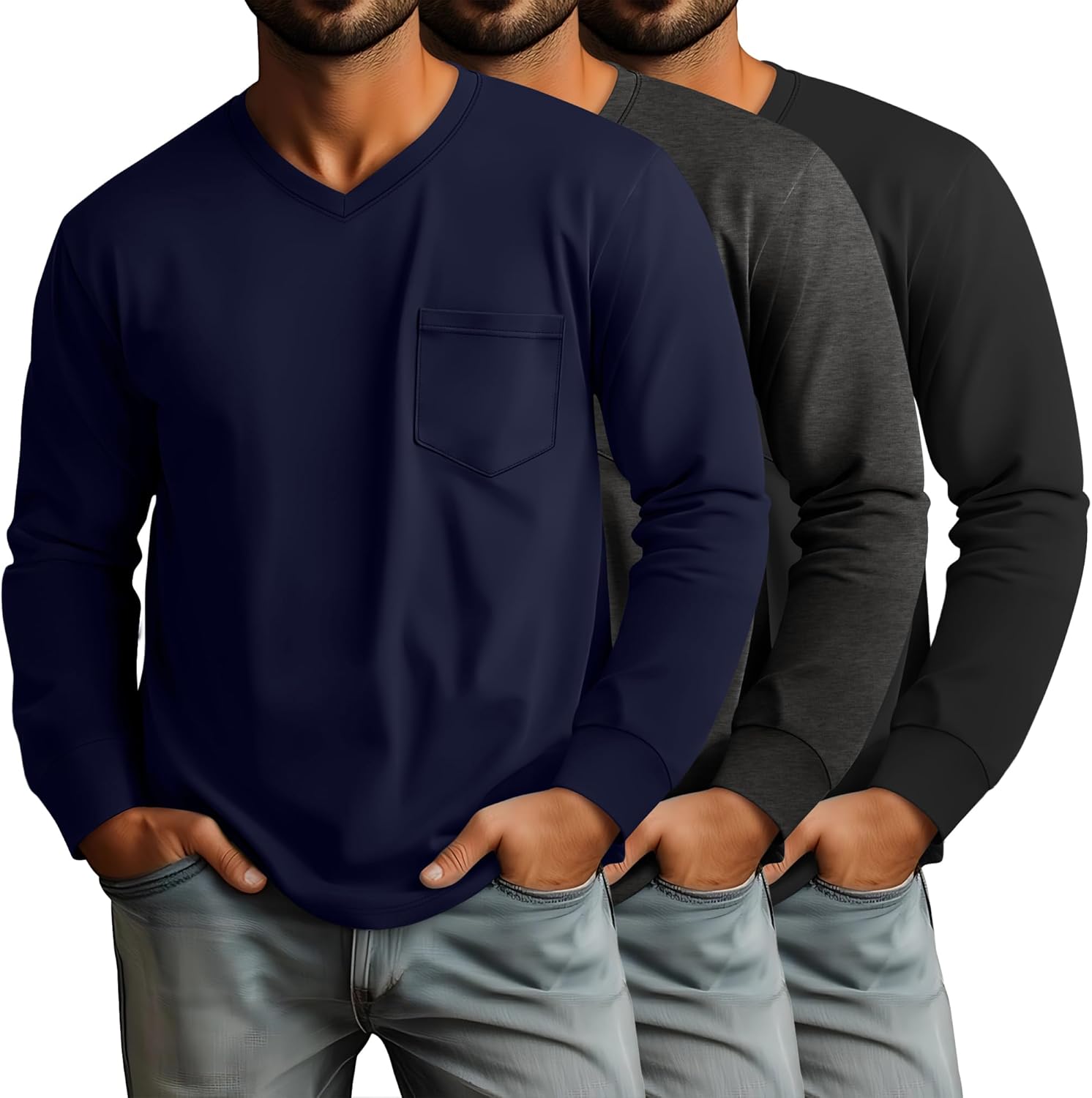 Ficerd 3 Pack Men's Big and Tall V Neck Shirts with Pocket Long Sleeve Plus Size Tops Basic Casual Loose Fall Tee