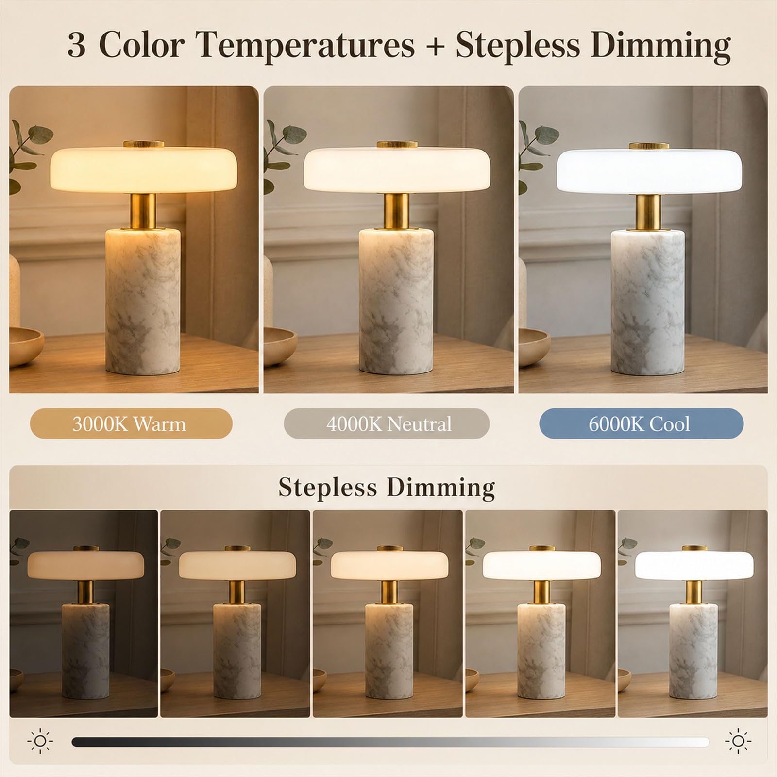 Lampe De Table En Marbre 23 CM, Verre Sans Fil Rechargeable, Lampe De Chevet LED À Intensité Réglable Par Effleurement, 3 Températures De Couleur, Veilleuse En Pierre Pour Chambre Et Salon