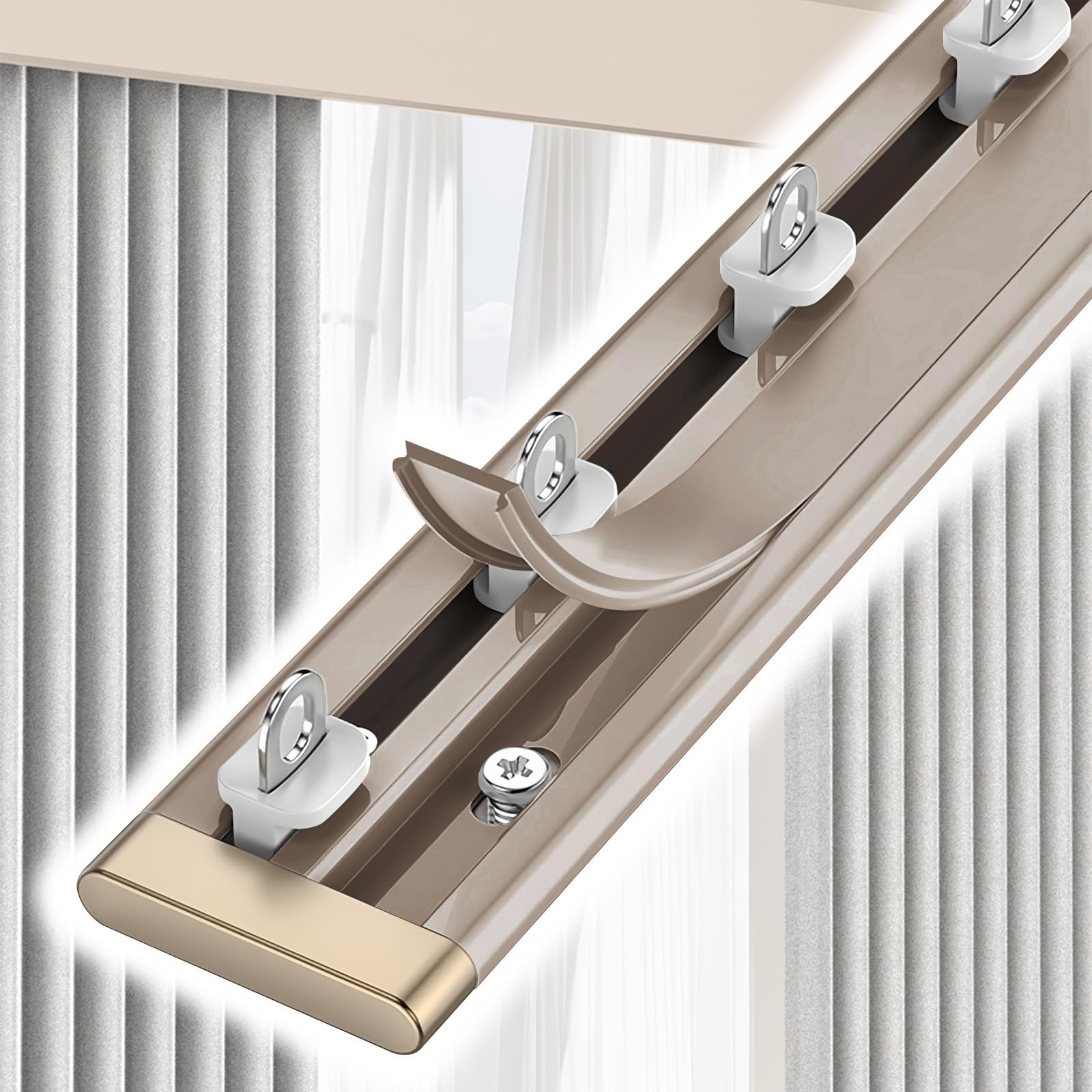 UltraThin system szyn do zasłon, aluminiowy karnisz sufitowy z akcesoriami, łatwa instalacja, do domu, hotelu, biura, szampański, 1,5 m