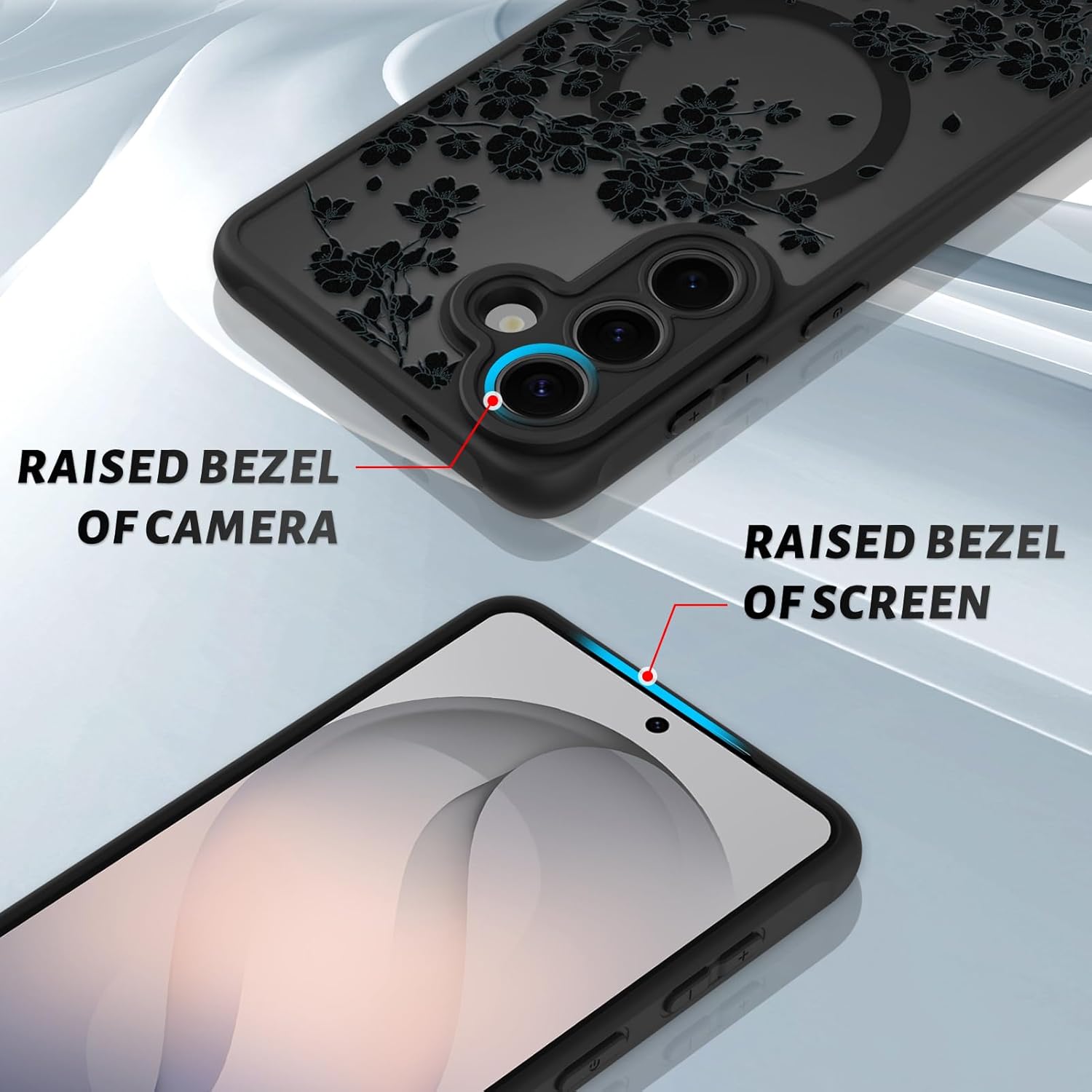 OOK Case Fit for Samsung Galaxy S26 6.3 Inch (Wireless Charging Compatible) Black Floral Flowers Design Translucent Phone Cover Soft TPU + Hard PC Anti-Scratch Shockproof Magnetic Case for Women