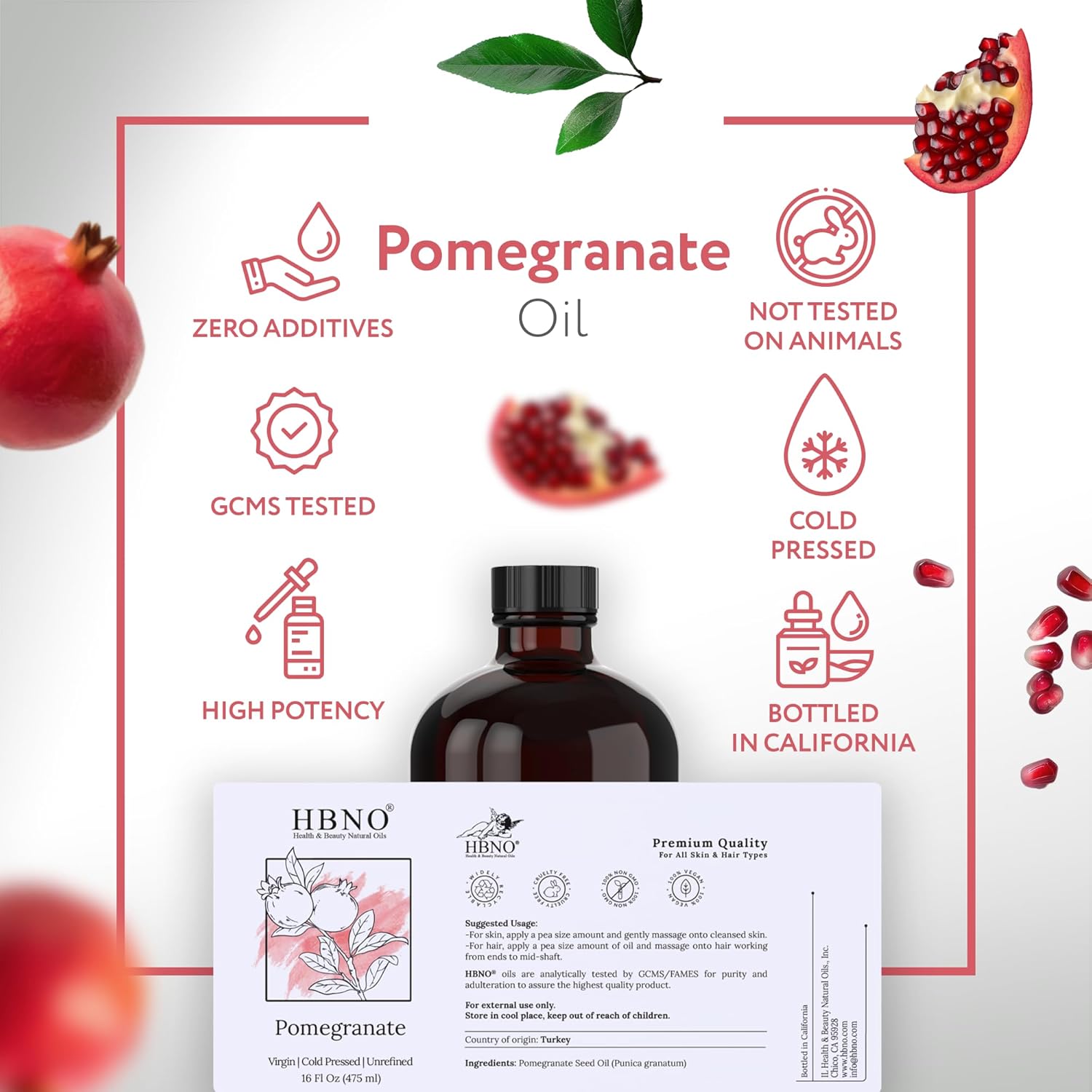 HBNO Pomegranate Oil - 16 oz (475ml) Value Size - Ideal for Shampoos, Conditioners, Lip balms, Face wash, Lotions, and Skin care products (Glass Bottle)