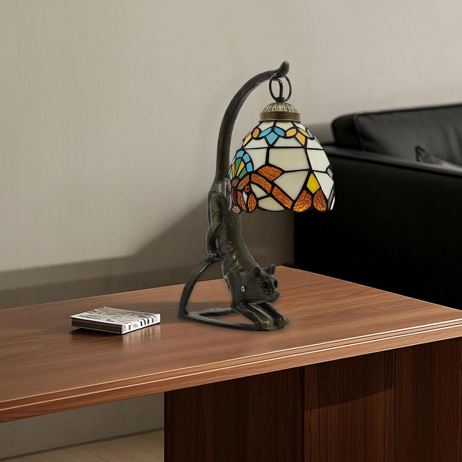 Eapmic Tiffany Style Table Lamp, Stained Glass Bedside Nightstand Lamps with Cat Base, Vintage Antique Small Desk Light for Bedroom Living Room Home Office Reading Decoration, 5.9x15.74in (Style 1)