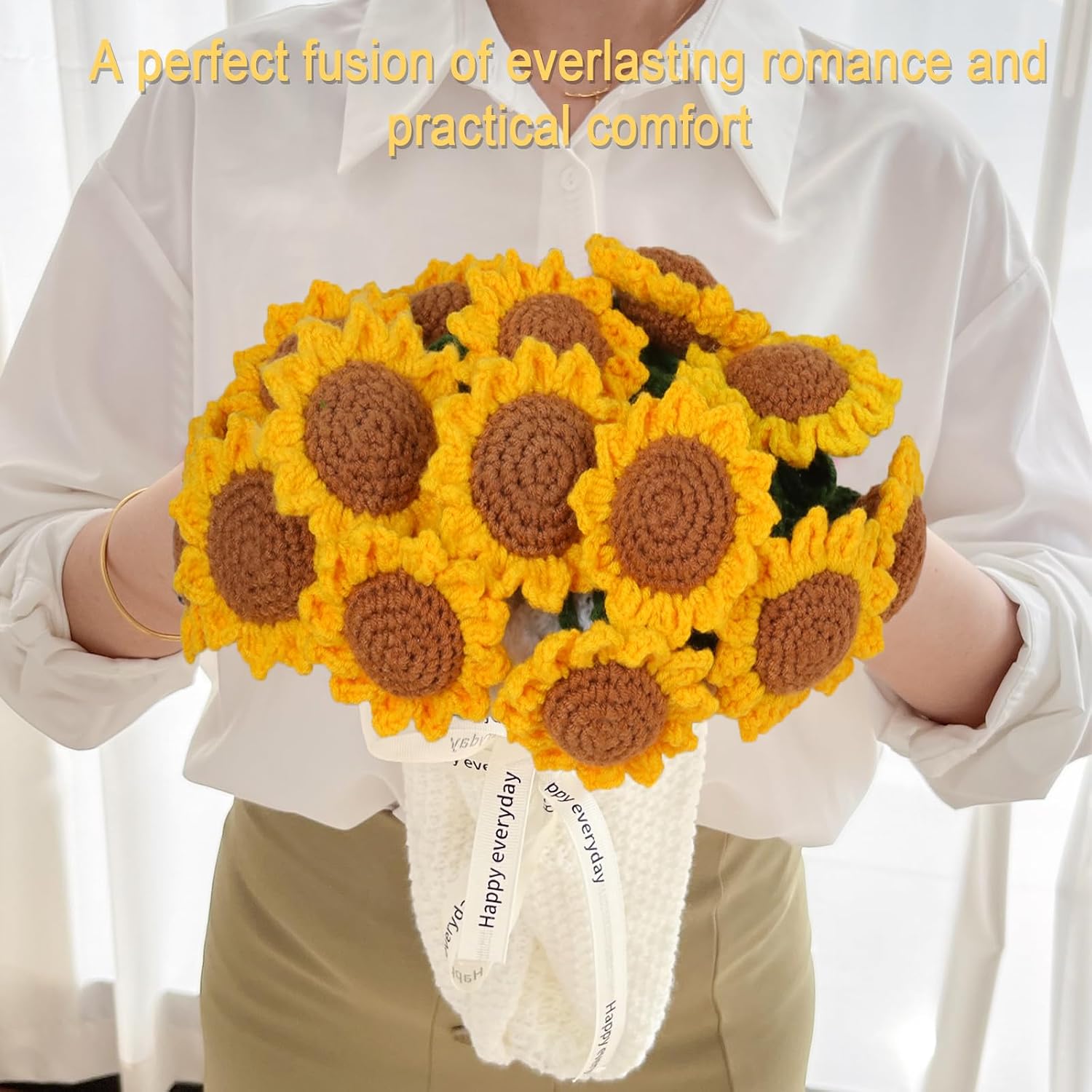 Crochet Flower Bouquet Blanket, 31.5 Inch Handmade Crochet Sunflower Blanket, Soft Lightweight Romantic Flower Finished Knitted Throw Blanket Gifts for Anniversary Birthday Wedding Home Decor