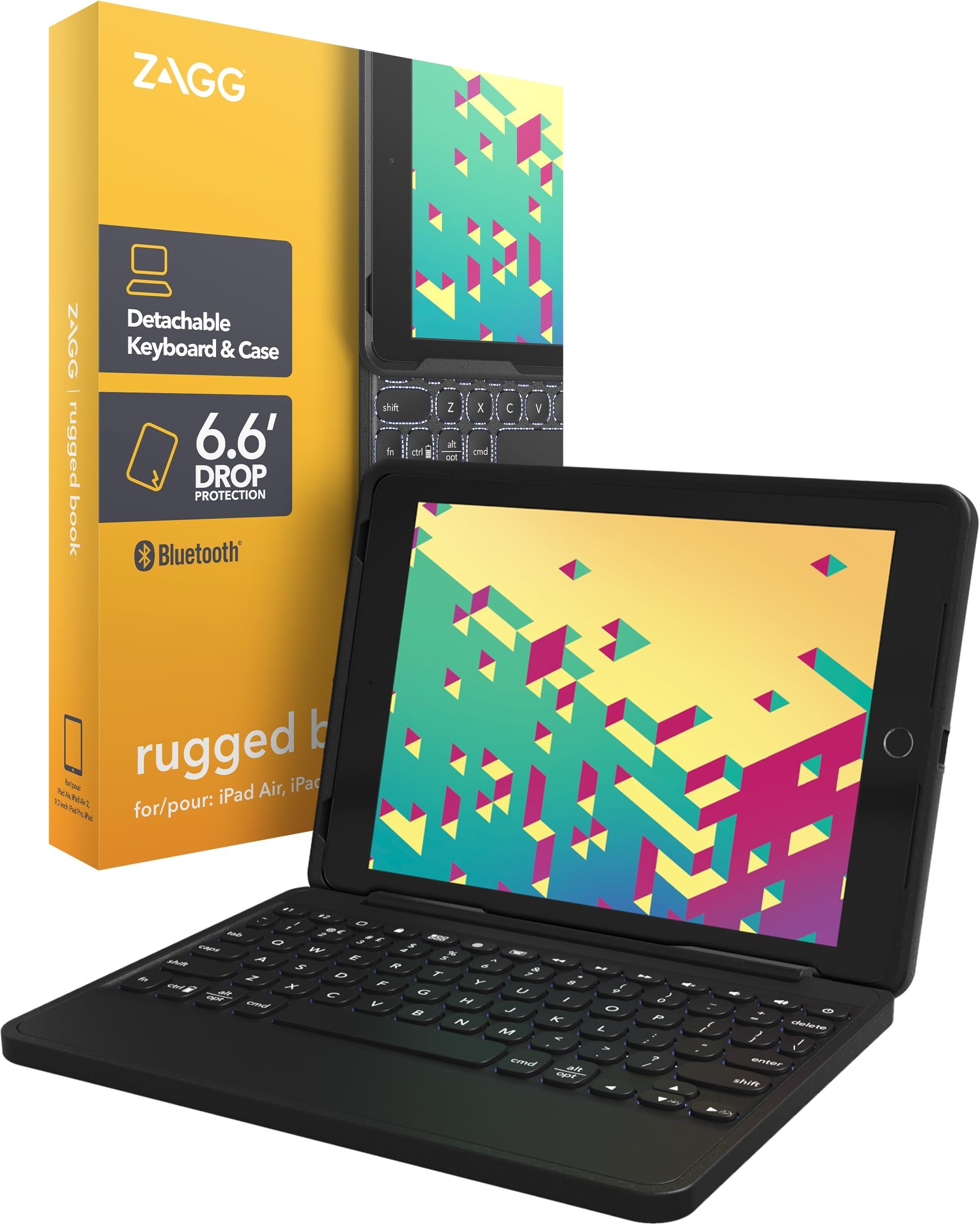 ZAGG Rugged Book Detachable Case with Magnetic-Hinged Backlit Keyboard for iPad Air/Air 2/9.7/9.7 Pro - Multi-Device Bluetooth Pairing - USB-C to USB-C Cable Included, Black