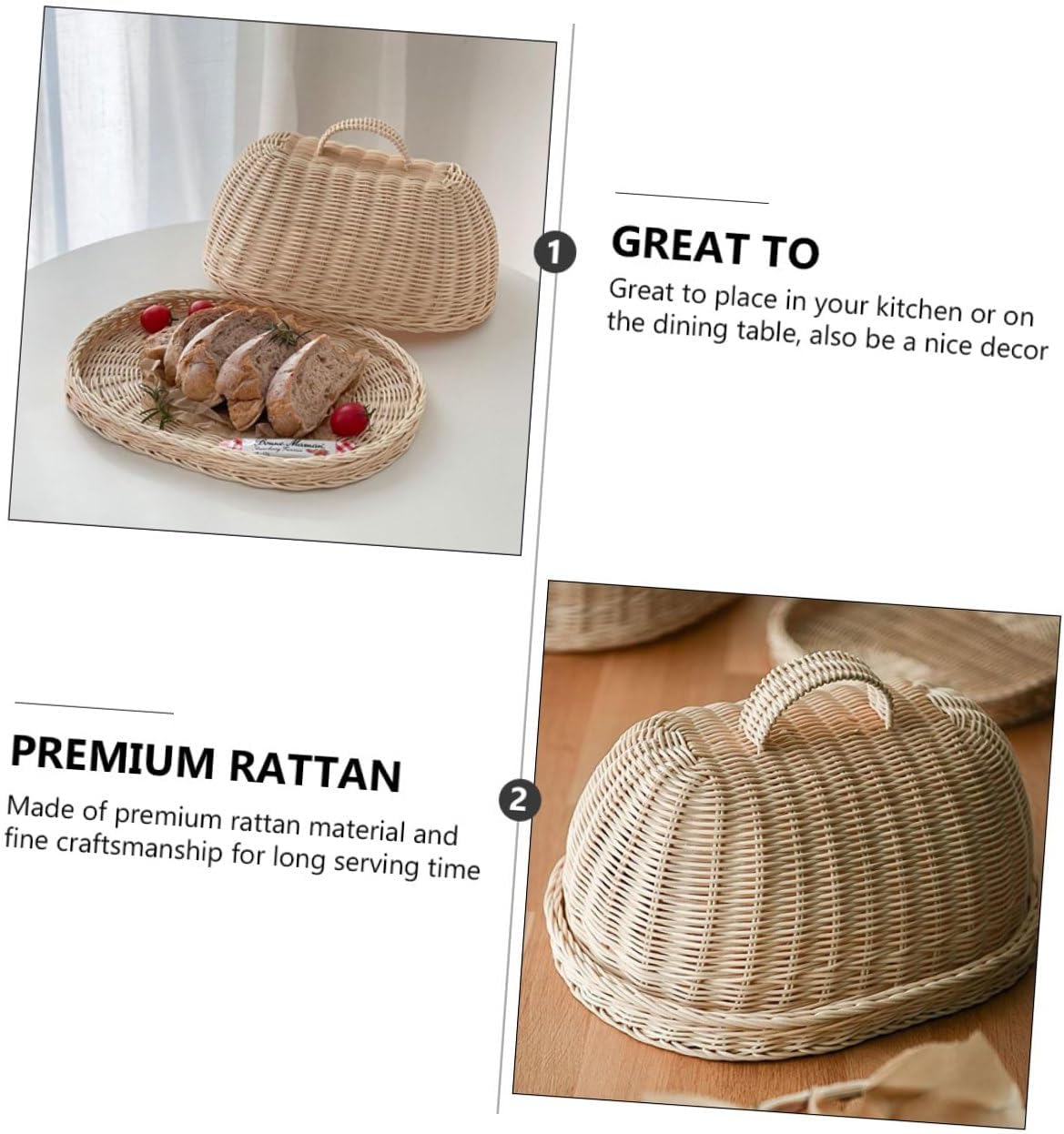 Rattan Food Cover and Bread Storage Basket Kitchen Fruit Protective Tray Woven White Rattan Serving Basket for Dining and Food Storage,