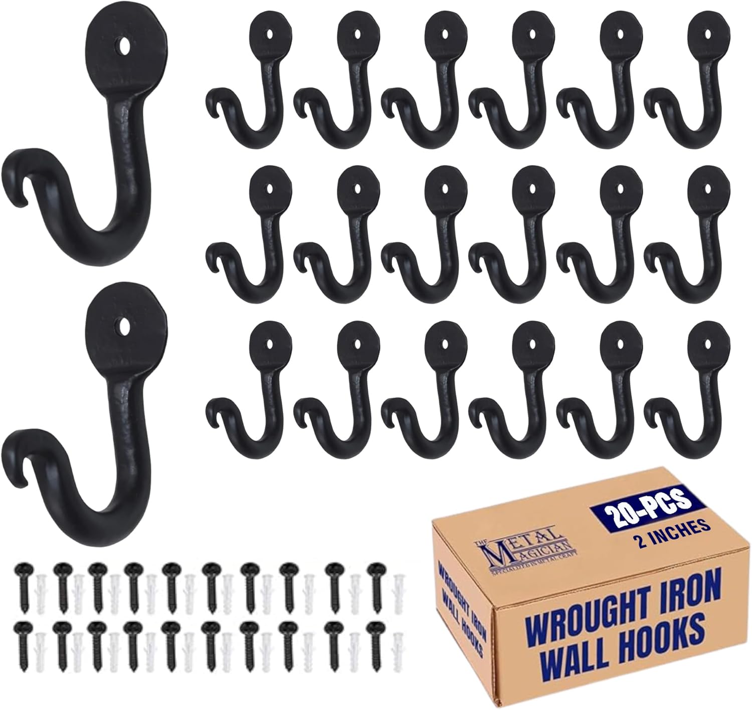 The Metal Magician Pack of 20 Large Penny Single Robe Hook 2 Inch Iron Blacksmith Key Holder Towel, Handbags, Hat Hanging Perfect for Bathroom, Kitchen, Living Room