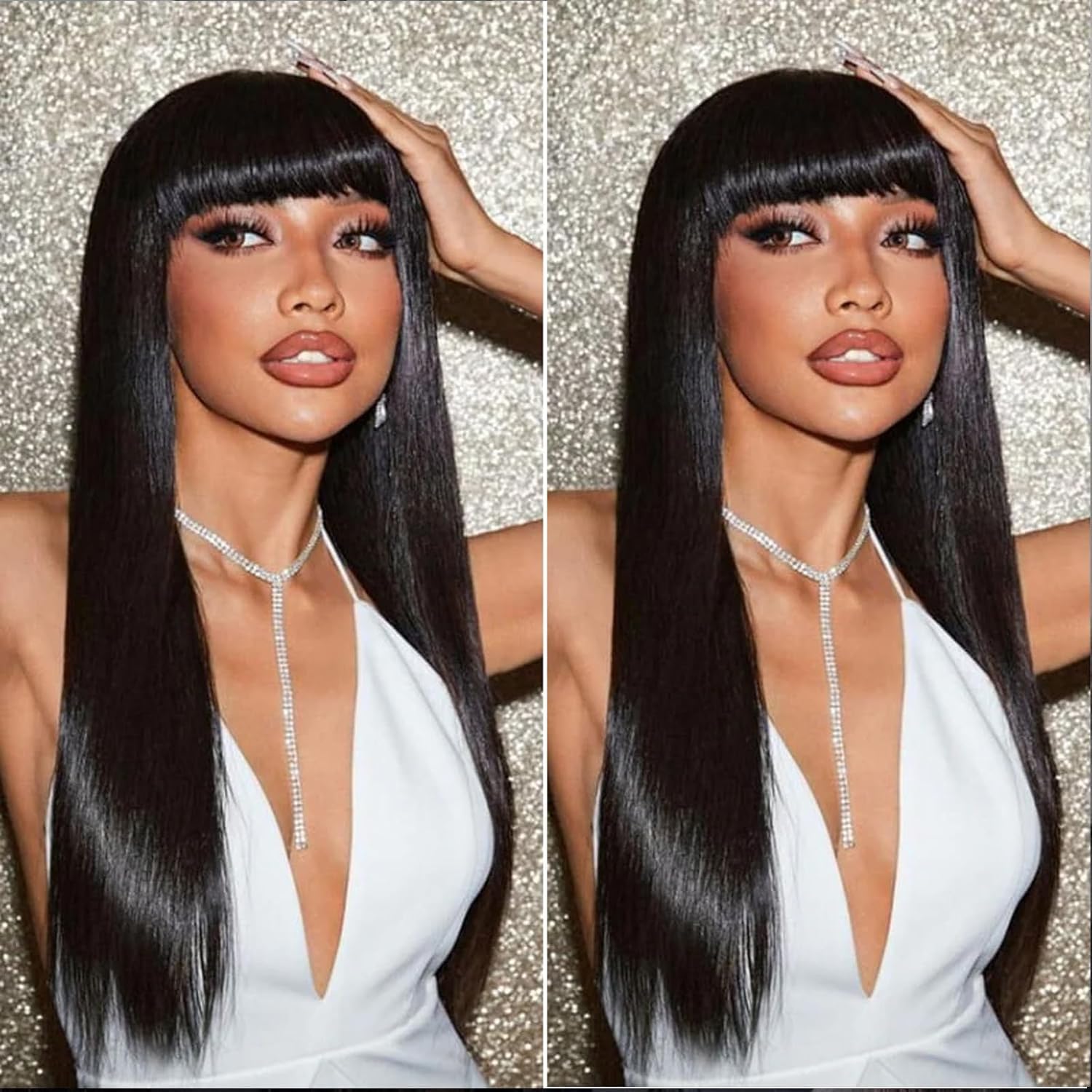 ANDRIA Black Wig With Bangs Long Wigs Silk Straight Wig Synthetic Natural Black Wig Heat Resistant Fiber Hair Daily and Cosplay Clueless Full Machine Wig For Black Women 24 Inches Black Hair Wig