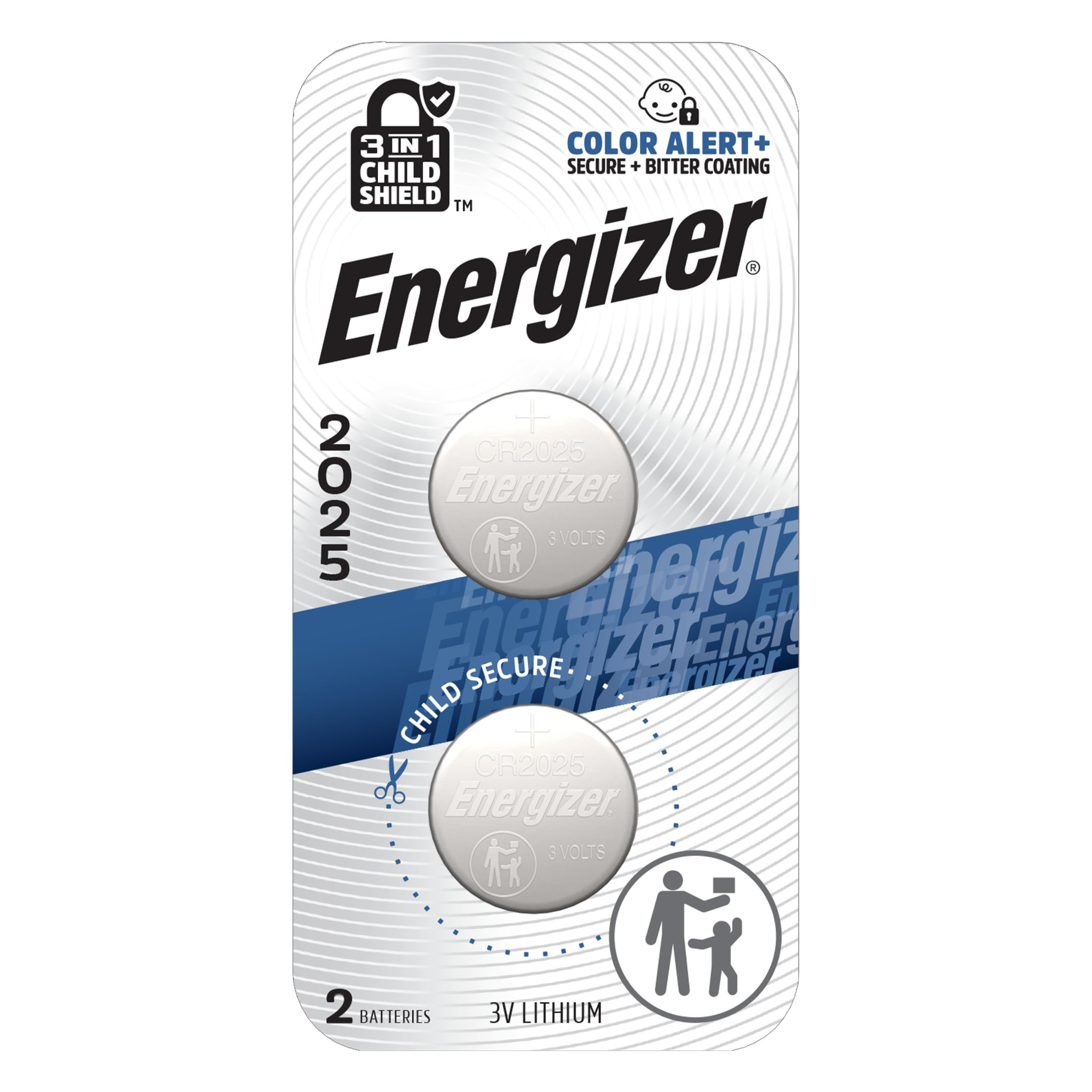 Energizer 2025 Batteries (2 Pack), 3V Lithium Coin Batteries With 3-in-1 Child Shield