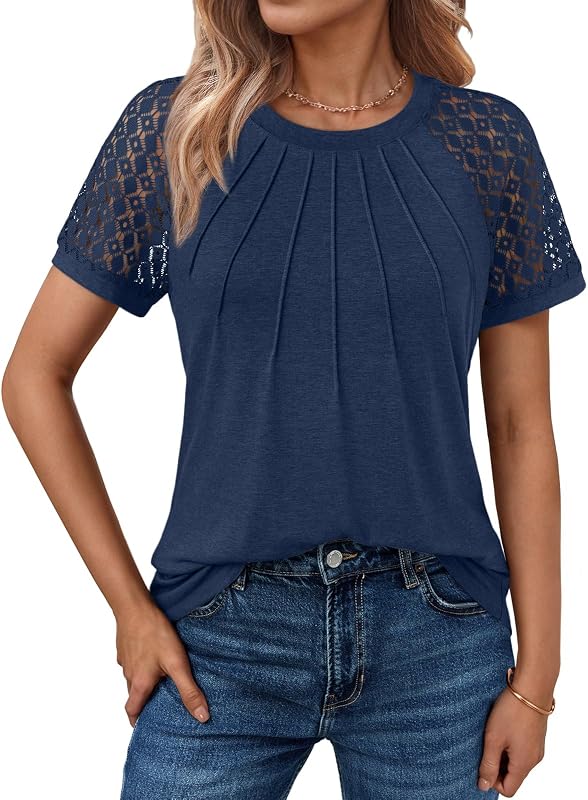 AUTOMET Camisas de trabajo informales de encaje de manga corta para mujer