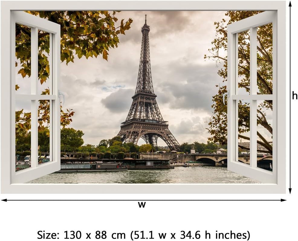 RoyalWallSkins Window Frame Mural Eiffel Tower, Seine - Huge Size - Peel and Stick Fabric Illusion 3D Wall Decal Photo Sticker