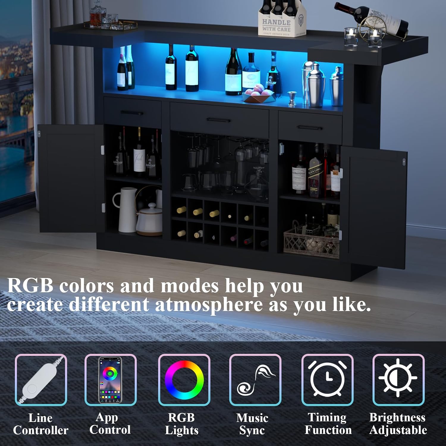 Loomie Bar Table Cabinet with LED & 3 Drawers,Liquor Bar with Adjustable Storage Shelves & Stemware Holders, Crescent Shaped Counter for Home Pub, Wine Alcohol Bar Stand with Door & Wine Rack (Black)