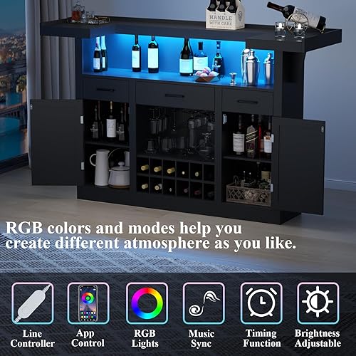 Miniatura 6 de Loomie Armario de mesa de bar con LED y 3 cajones, barra de licor con estantes de almacenamiento ajustables y soportes para vasos, mostrador en