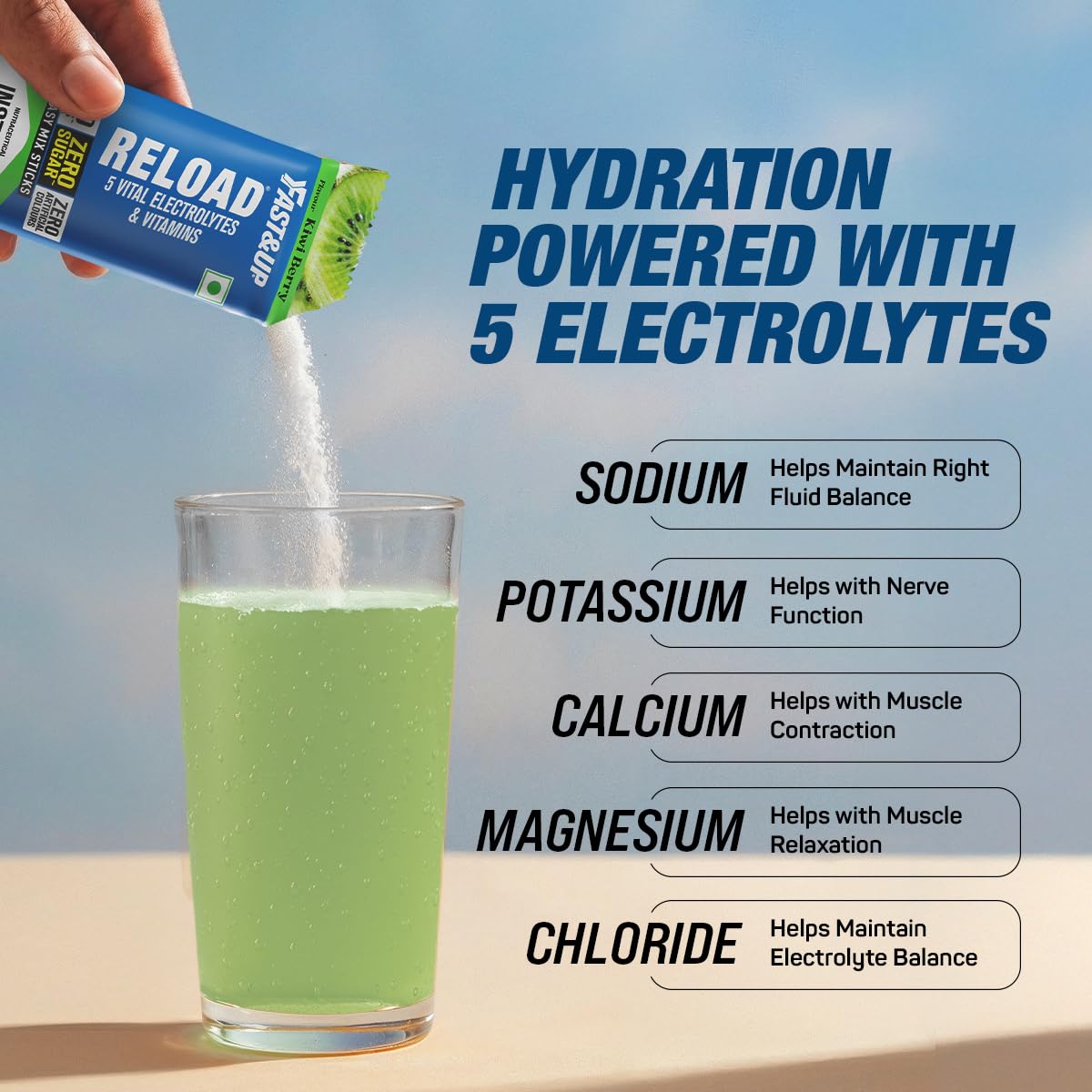 Fast&Up Reload Electrolytes Powder Sachets | Zero Added Sugar Hydration Drink with 5 Essential Electrolytes Vitamin C & B12 | Summer Heat, Workout Recovery, Travel & Wellness | Kiwi berry Pack of 5 Sachets 2