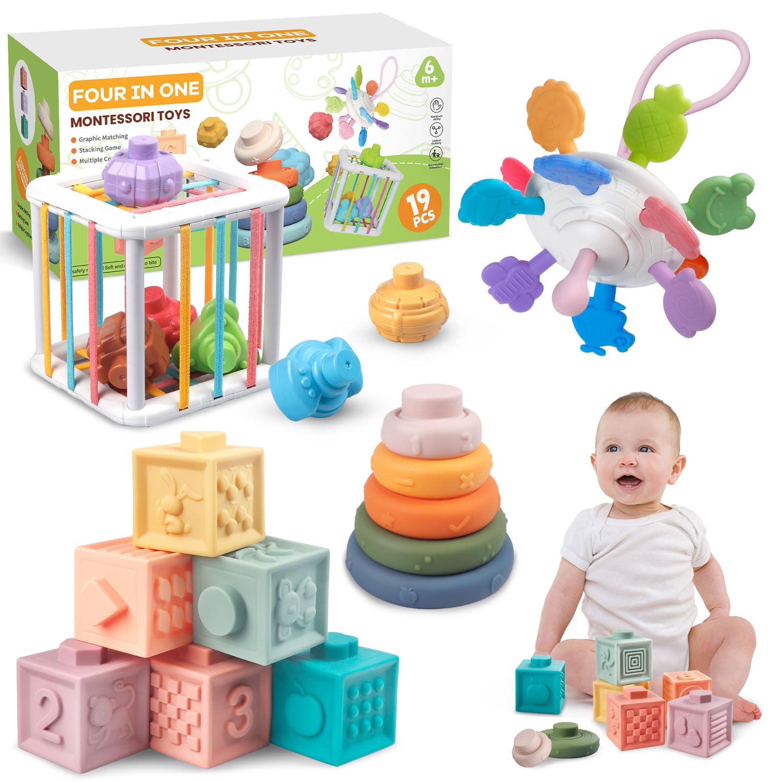 Juguetes Montessori Bebes 6 Meses - 3 Años / 4 en 1 Sensoriales Bebe/Bloques Construccion Apilables/Cubo Actividades Bebe/Juegos Educativos Bebe 6 a 12 Meses/Regalos para Bebés en Cumpleaños y Navidad
