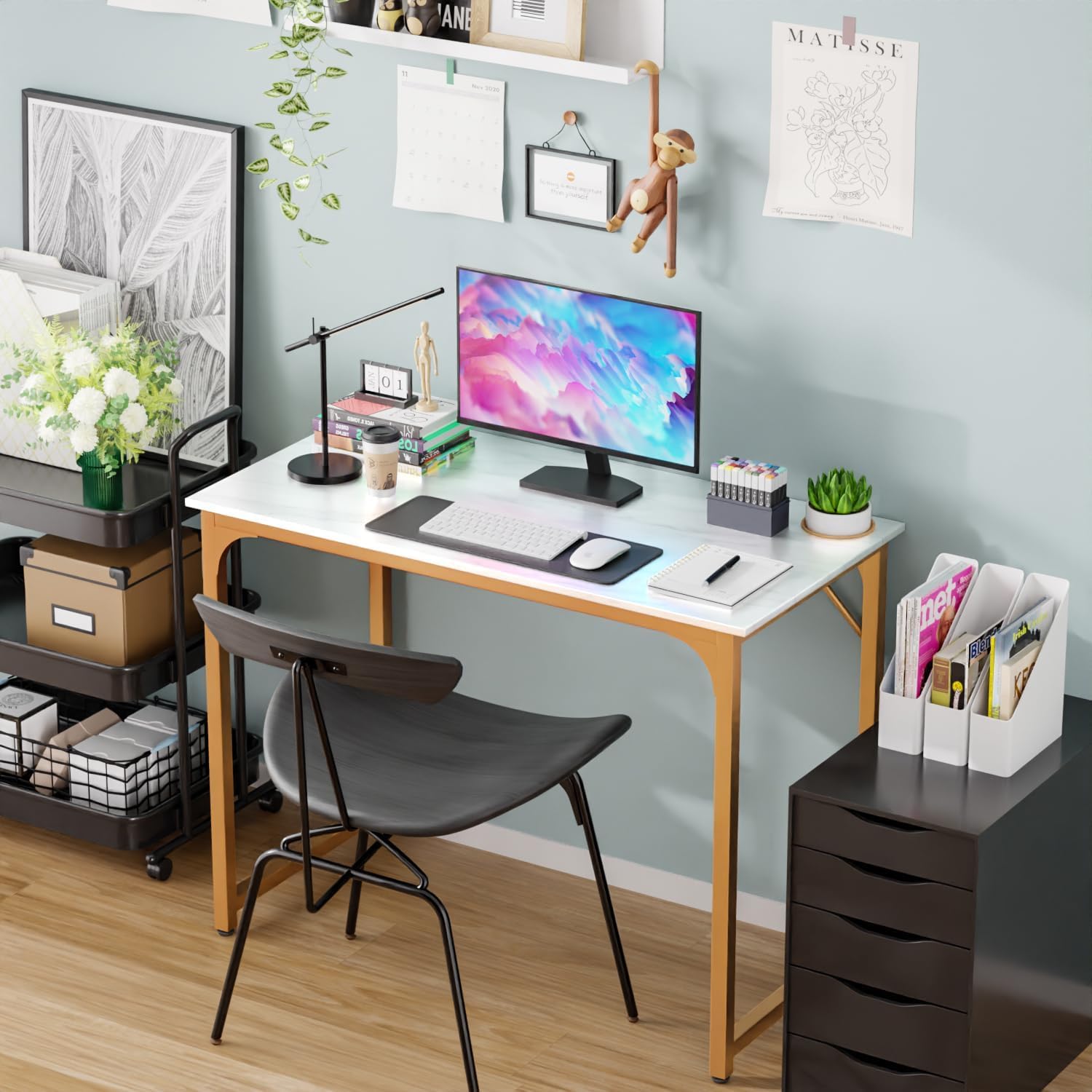 Small Desk, 39 Inch Small Computer Desk, Computer Table with MDF Board & Black Metal Frame, Work Desk with Adjustable Leg Pads, Office Table for Home Office Bedroom Small Spaces, Study Table, Gold