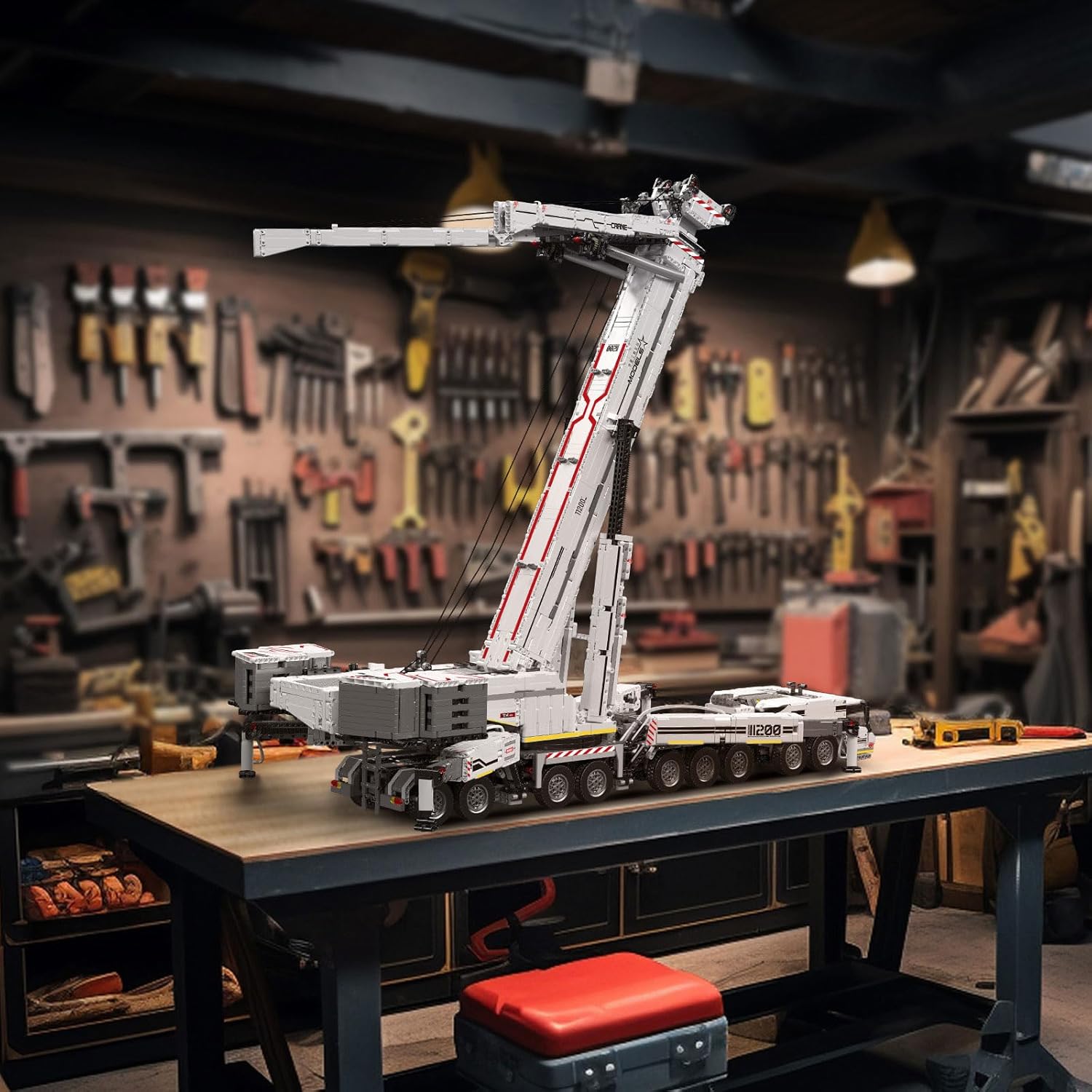 Mould King 17007 crane with boom raised in a workshop