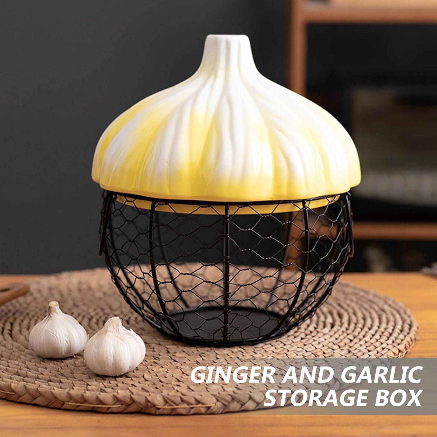 Hemobllo Breathable Hollow Iron Chicken Egg Basket with Ceramic Lid, Small Yellow Garlic Storage Container for Kitchen Countertop Organization and Fresh Egg Collection