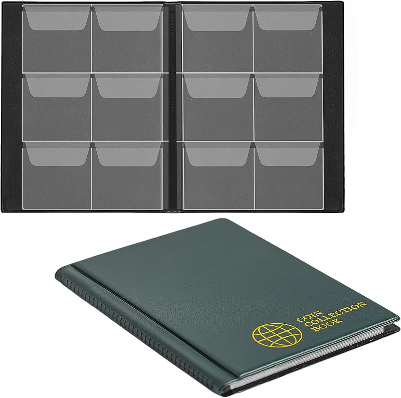Coin Collection Album 60 Pockets 4.5x4.5cm Coin Holder Storage Pocket Green | Uncle Paul Coin Book Fit Coins Up To 40mm Acid Free PVC Pages & PU Leather Cover Portable 15.2x11.5cm CS0106GR