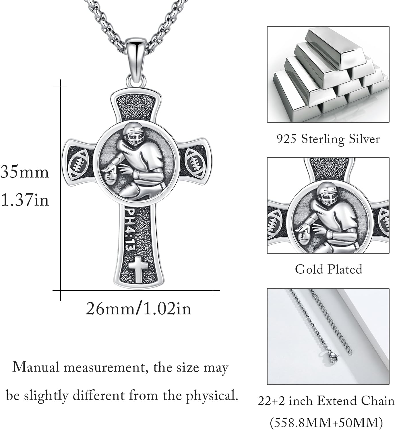 Football Cross Necklace 925 Sterling Silver Rugby Crosses Necklace Football Cross Pendant Sport Jewelry for Men Women - Image 5