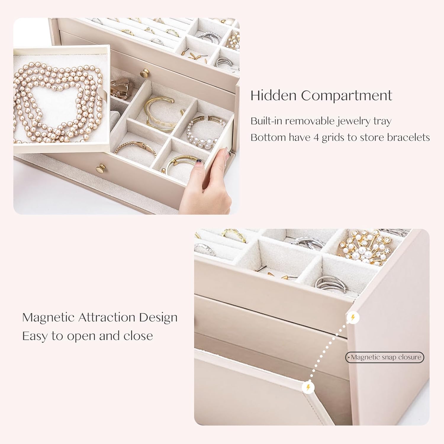 Jewelry Box for Women, 3-Tier Jewelry Organizer Box with 2 Drawers, Jewelry Holder Case for Necklace Ring Bracelet Earring Storage, Christmas Gift for Loved Ones, Light Taupe