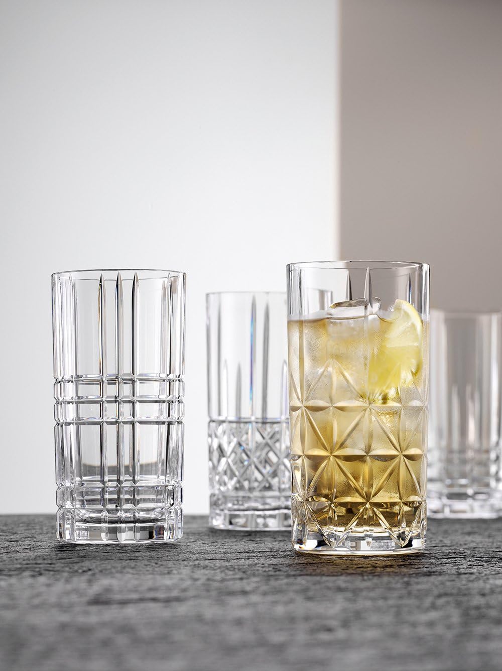 Nachtmann Highland Collection Crystal 6” Long Drink Glasses, Set of 4, With Different Glass Patterns, For Cocktails or Non- Alcoholic Beverages,445 ml, Dishwasher Safe