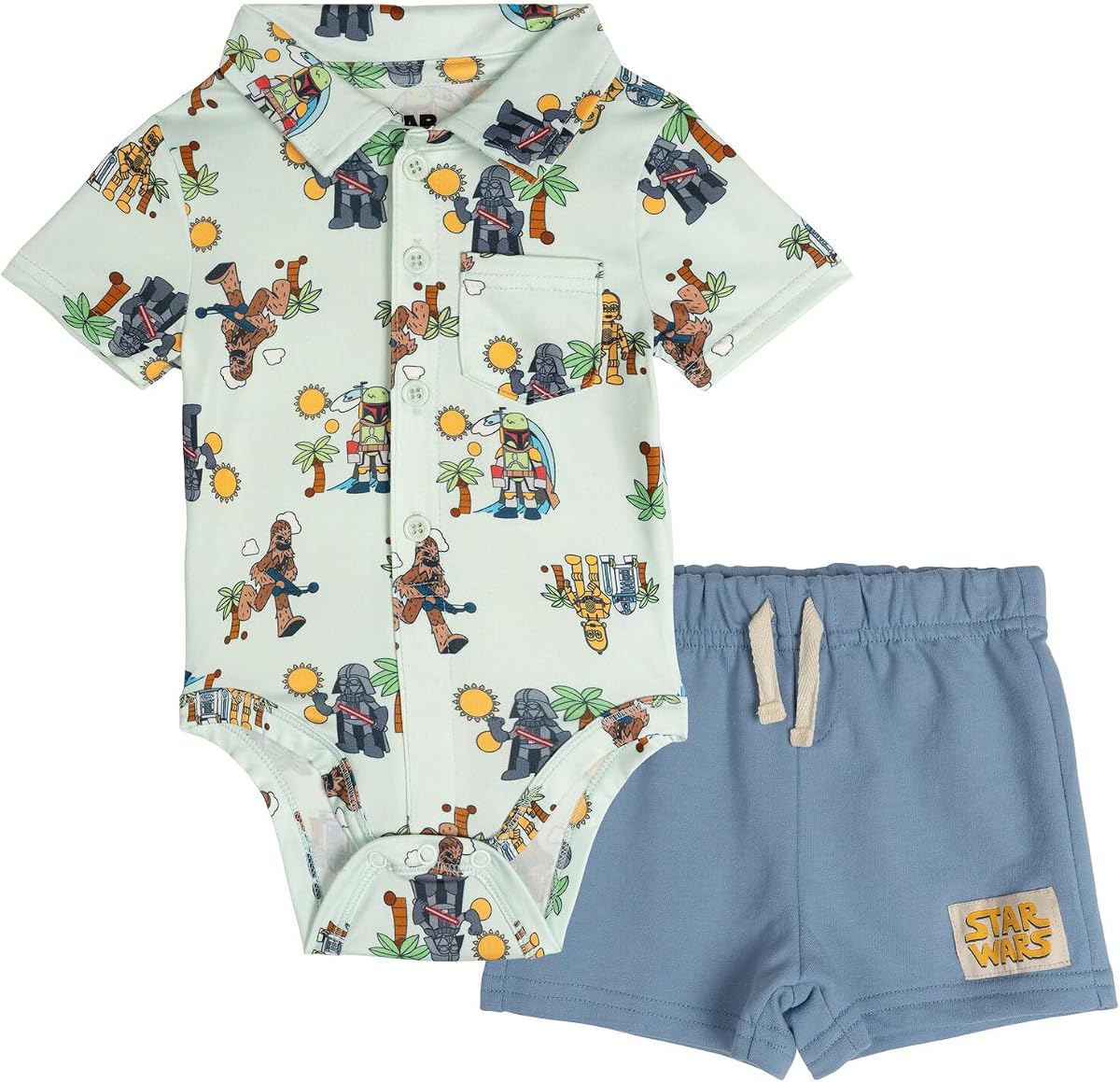 STAR WARS Baby Hawaiian Button-Down Bodysuit & French Terry Shorts Outfit Set Newborn to Infant Sizes (Newborn - 24 Months)