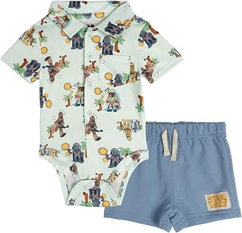 STAR WARS Baby Hawaiian Button-Down Bodysuit & French Terry Shorts Outfit Set Newborn to Infant Sizes Newborn - 24 Months