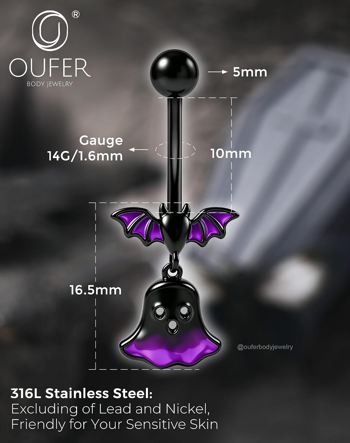 OUFER 14G Black Bat Ghost Dangle Belly Button Ring,Halloween Navel Piercing
