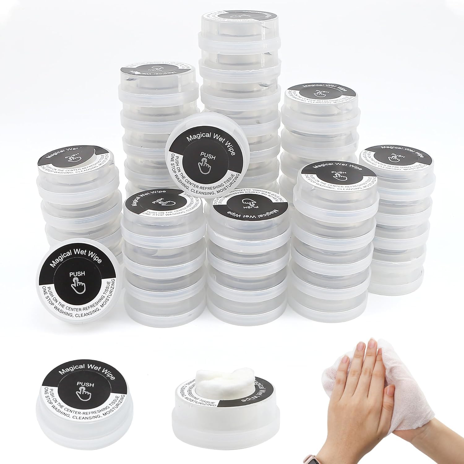 Portable Wet Wipe Tablet Dispenser Pods with Push Button Lid, Compact Round Tissue Container Pack (10 pcs)