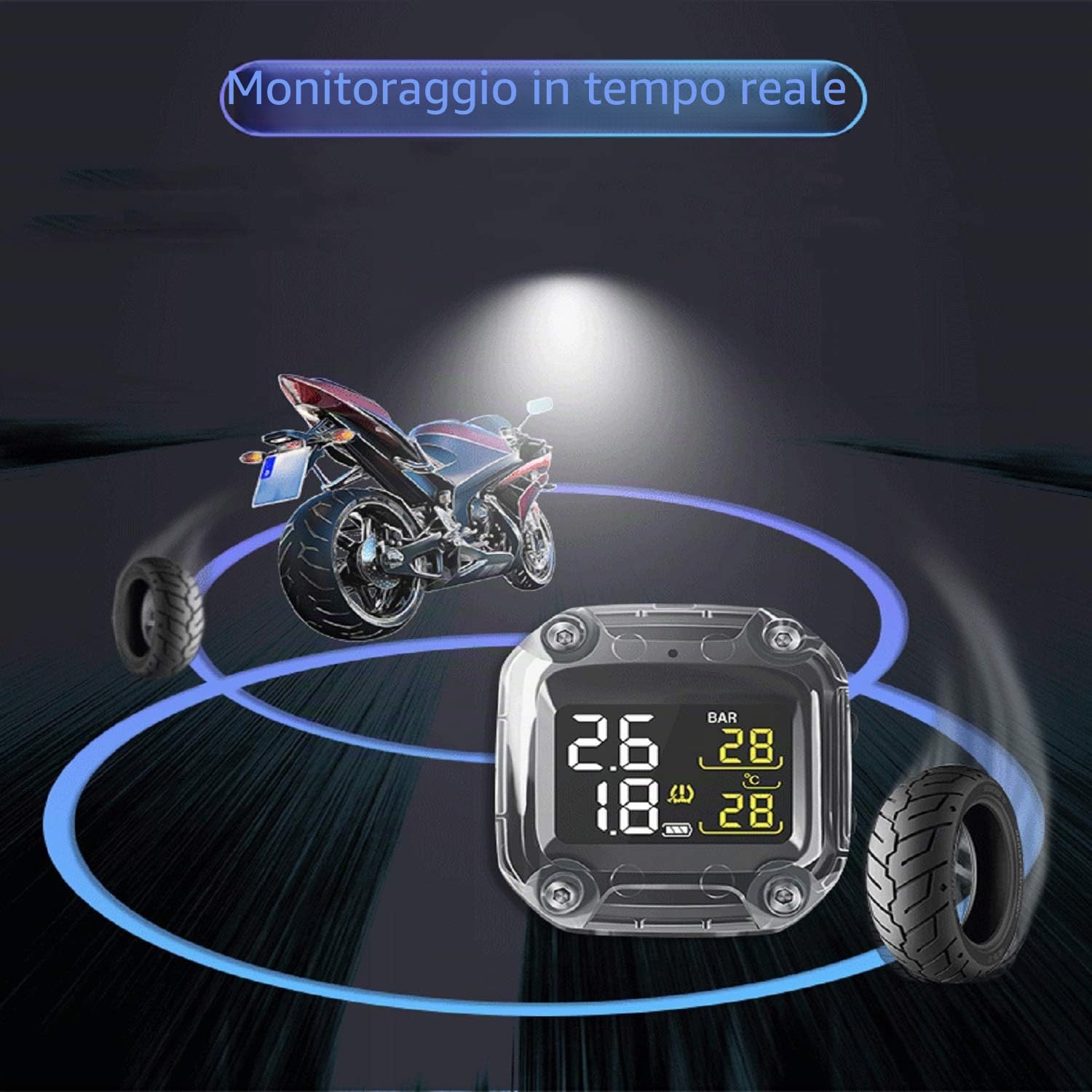 Sistema di monitoraggio della pressione dei pneumatici TPMS per moto, senza fili, con allarme, display LCD ricaricabile, in tempo reale, per moto a due ruote, bicicletta, 2 sensori esterni