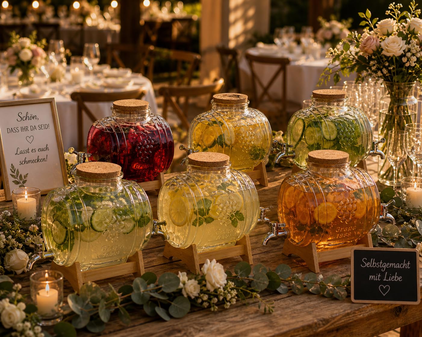 Getränkespender Glas mit Zapfhahn und Holzständer, Glasfass mit Korkdeckel, Limonadenspender für Party, Hochzeit, Garten, Grillabend, Saft, Eistee, Bowle, Likör und Wein (3L)