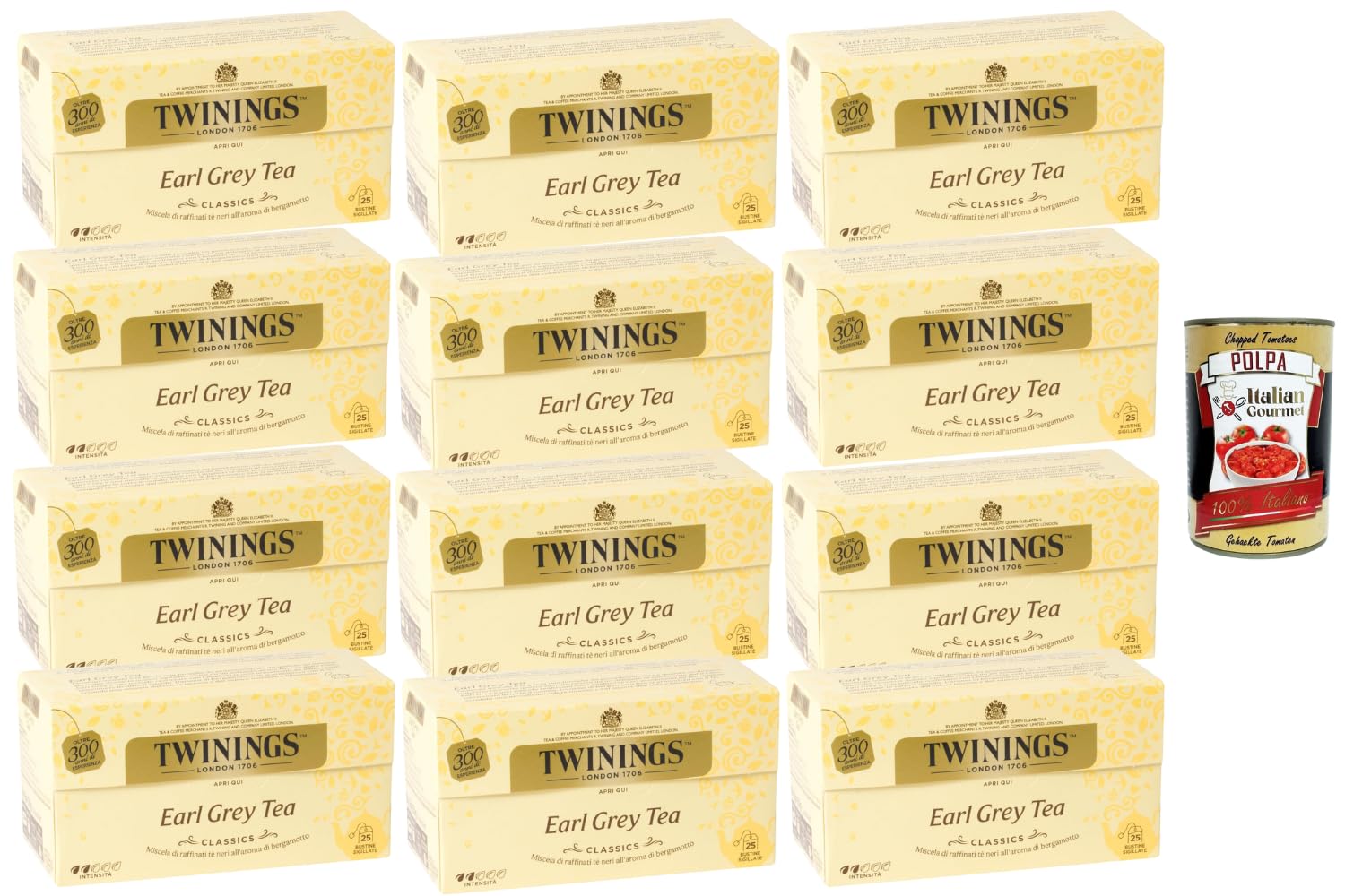 Italian Gourmet Schwarztee Earl Grey 12er Pack, 12 x 25 Teebeutel (je 50 g), aromatisierter schwarzer Tee mit Bergamotte, ideal für Büro & Vorrat + Italian Gourmet Polpa