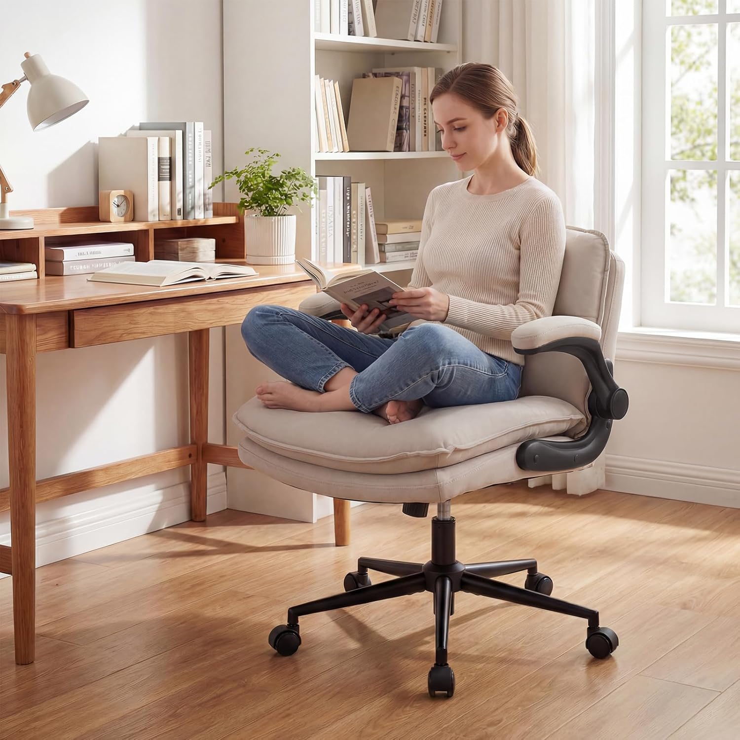 Giantex Criss Cross Chair with Flip-up Arms, Ergonomic Cross Legged Office Desk Chair w/Wide Thick Padded Seat, Height Adjustable 360° Swivel Vanity Chair for Home Office, Bedroom (Beige)