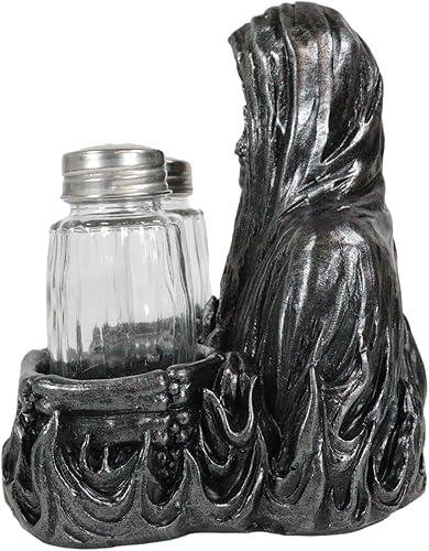 Miniatura 4 de Ebros Gift Juego de figuras góticas del Día de los Muertos, decora el alma sentada en la capucha, juego de salero y pimentero, 5.5 pulgadas de alto,