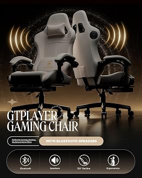 GTPLAYER Gaming Chair with Speakers, Video Game Chairs with Footrest, PC Gamer Chairs for Adults - Padded High Back Ergonomic Reclining Silla Gamer, Linkage Armrest, Ace Pro, Ivory
