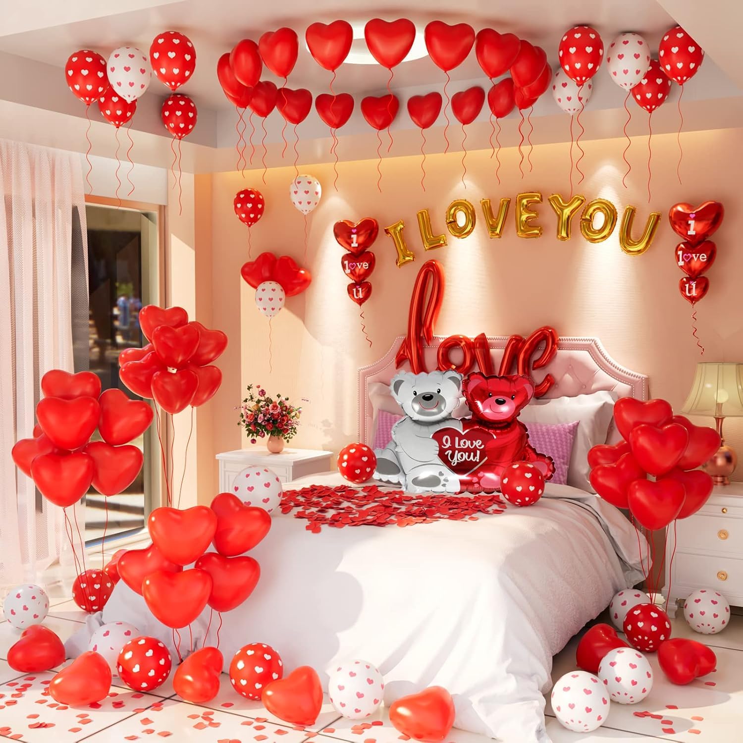 Valentines Day Balloons Decorations I Love You Heart Love-Bear Heart Print Balloons Kit with 1000Pcs Red Silk Rose Petals Flower Decoration Banner for Valentine Party Decorations