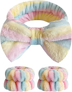 Spa headband, Wristbands, Headband for Washing Face, 2pcs Wristlets for Sleeves Dry, Make up Headband Yellow Pink