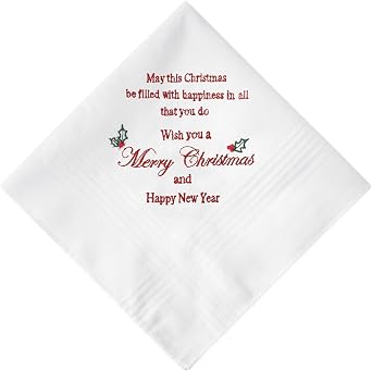 HOULIFE Christmas Handkerchiefs, Soft Cotton Mens Women Christmas Handkerchief White Embroidered Hankies Christmas Gift