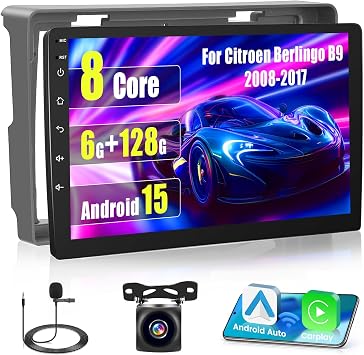 Inefala 8Core/6G + 128G Android 15 Car Radio for Citroen Berlingo B9 2008-2018 with Wireless Carplay Android Car 9 Inch Touchscreen Radio with GPS WiFi DSP FM/RDS Bluetooth EQ SWC Reversing Camera