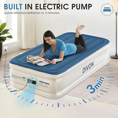 Miniatura 7 de DIVON Colchón de aire individual con bomba incorporada elevada, colchón inflable individual de 18 pulgadas en 2 minutos, colchón inflable plegable,