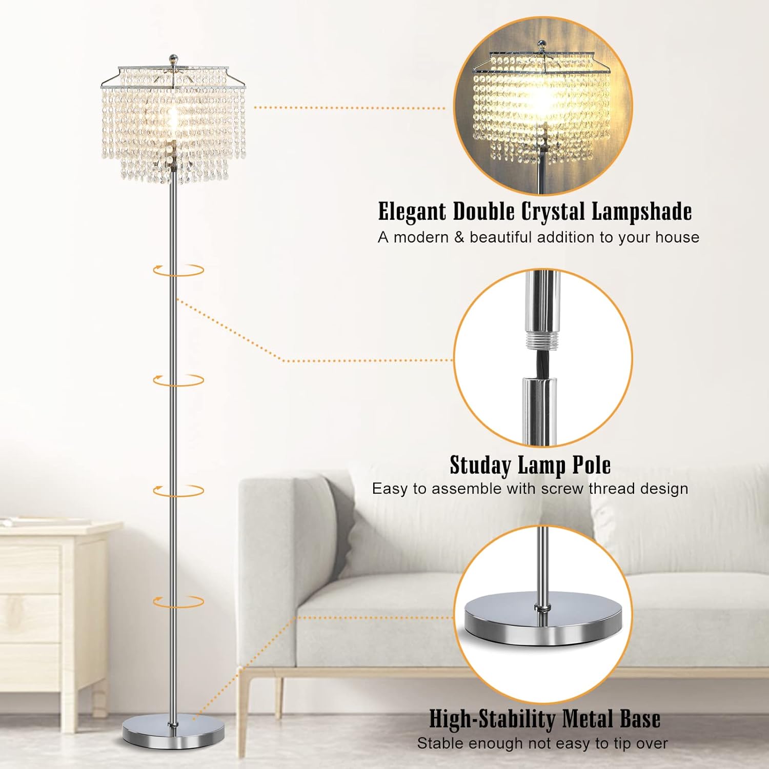 Luvkczc Table Lamp and Floor Lamp Set, Crystal Table Lamp with USB Ports+Crystal Floor Lamps Set of 2, Morden Lamps for Living Room, Bedroom, Office (Silver)