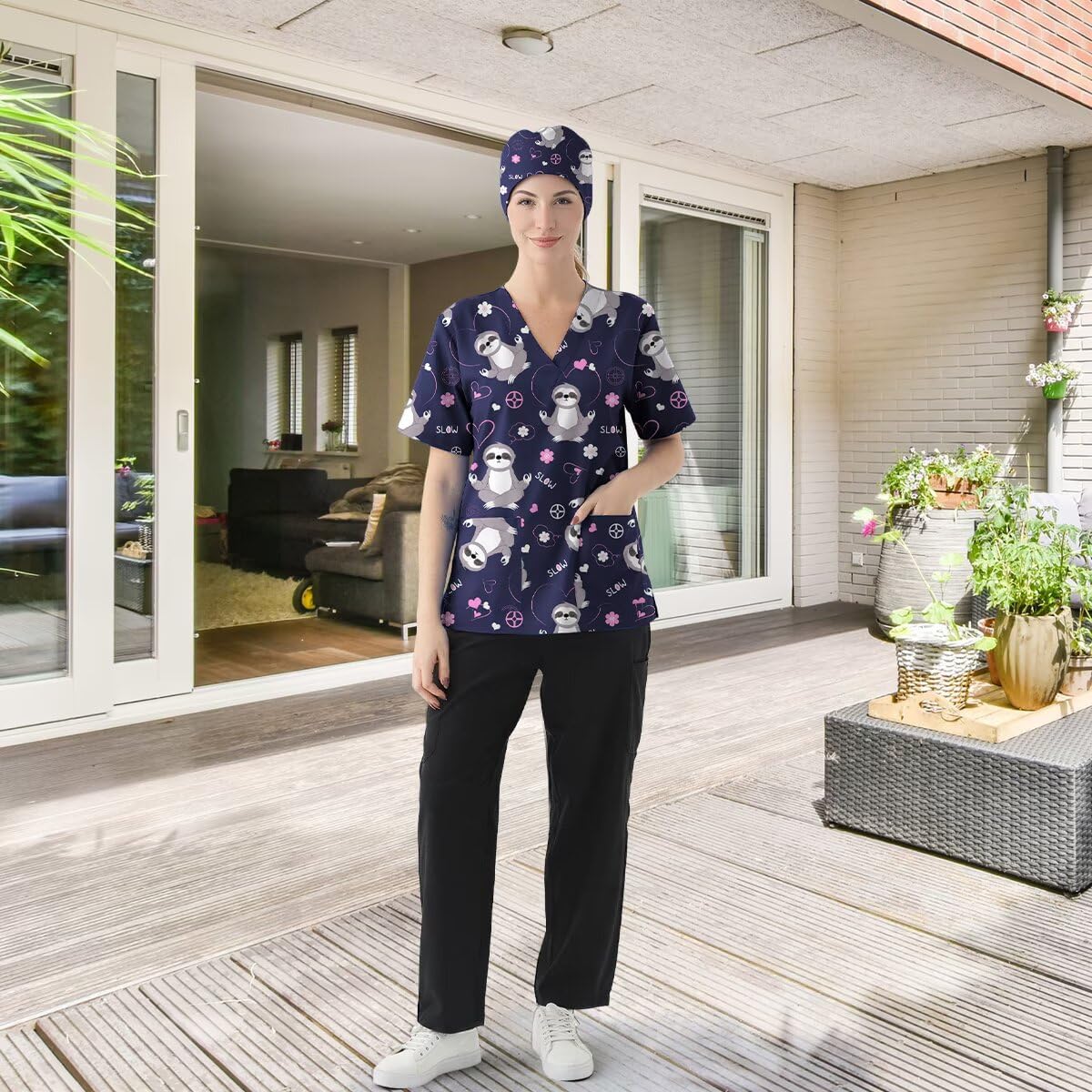 3Pcs Women's Scrubs Set with Scrub Pants Caps Cute Printed V Neck Tops Soft Casual Nurse Uniform With Pocket - Image 6