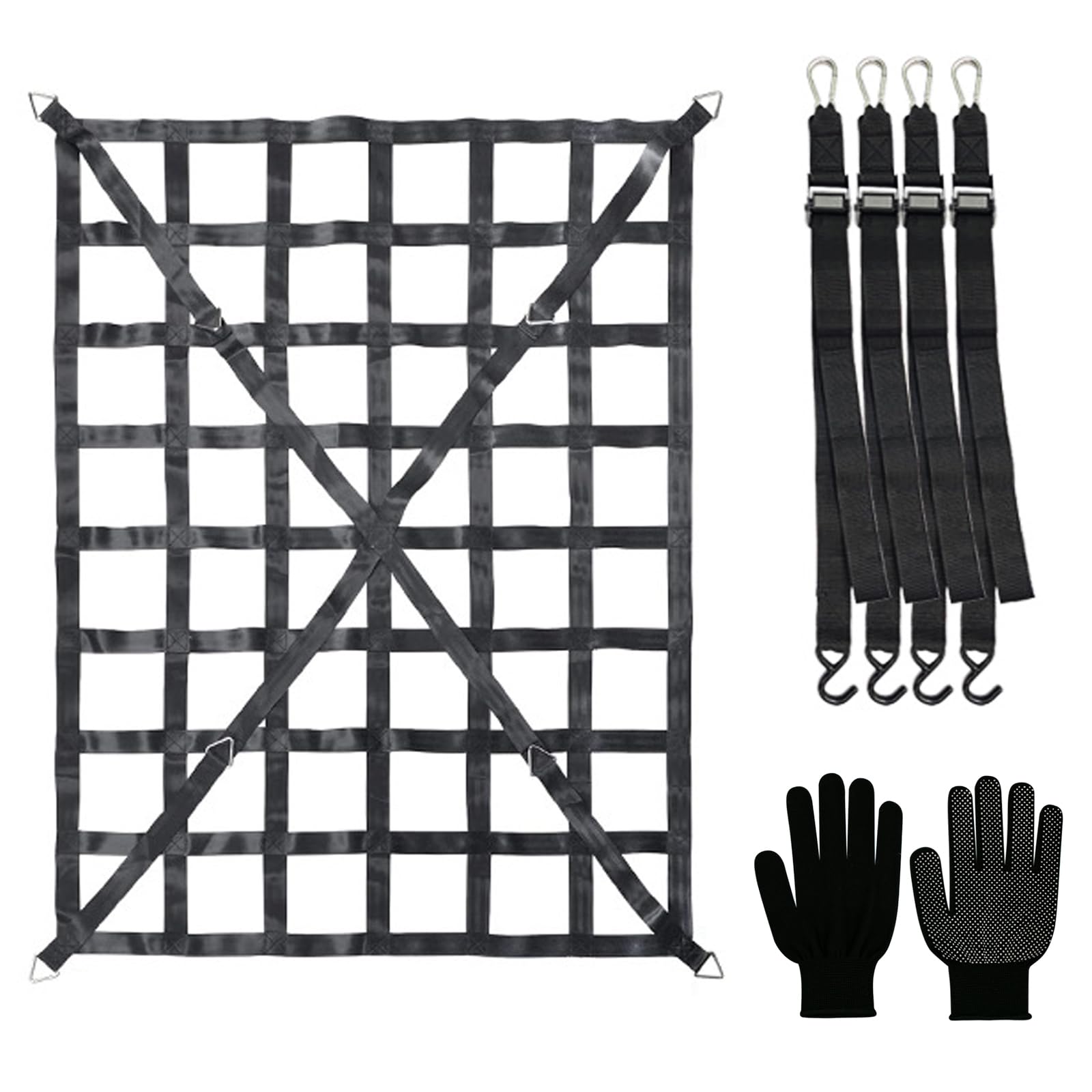 LIROPAU Filet de Chargement pour Pickup Camion Plateau de Chargement | Réglable Filet à bagages lourd pour SUV pickup camion remorque avec 4 sangles fixes et gants (167cm x 127cm)