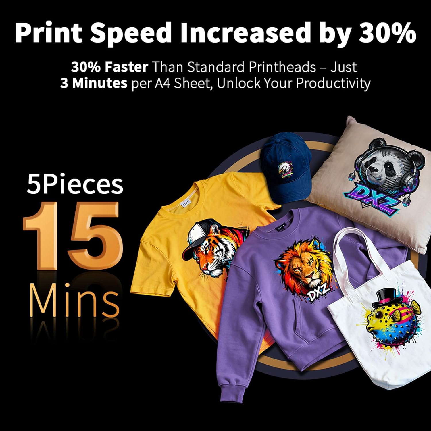 DXZ 2025 Upgrade A4 DTF Printer with Roll Feeder-XP600 Doubled Printing Speed Compared to L1800 and L805,Built-in White Stirring System for DIY T-Shirt,2-Year Ink Included (Printer+Oven+Heat Press)