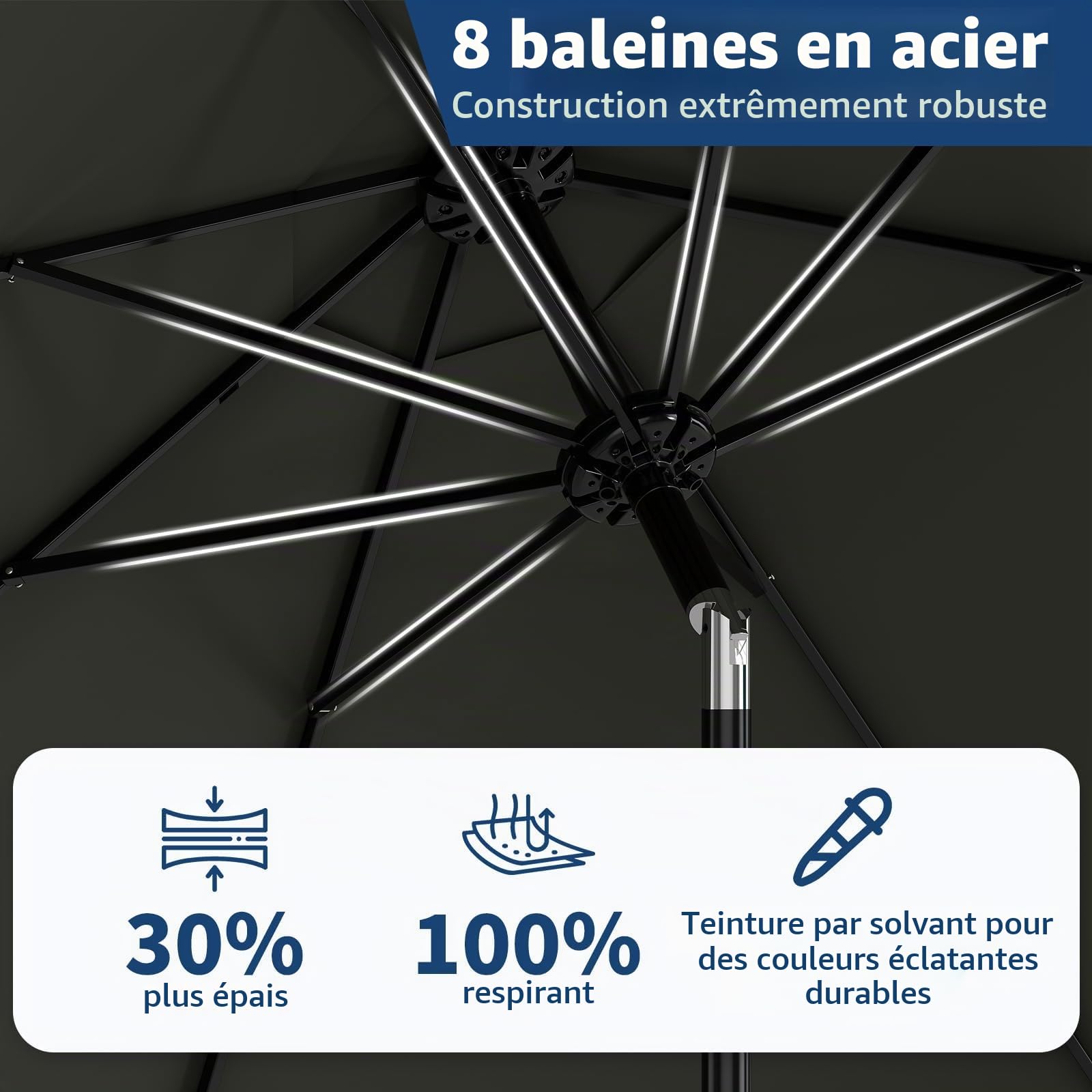 Parasol de jardin inclinable 2,7 m – Manivelle – Toile polyester déperlante anti-UV UPF 50+ – Double aération – Mât acier 38 mm, 8 baleines – Kaki