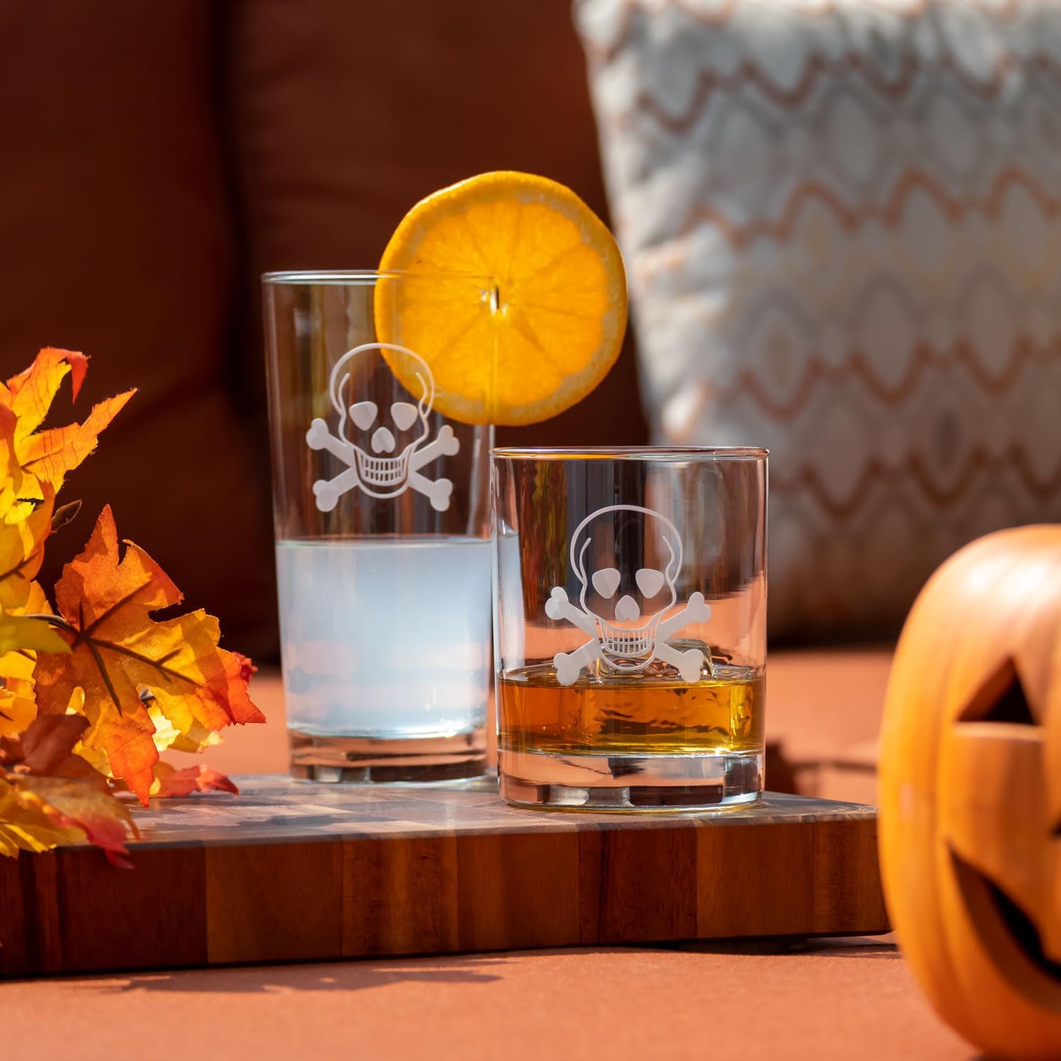 Rolf Glass Skull and Crossbones Double Old Fashioned Glass | 13oz Etched Whiskey Tumblers | Set of 4 Lead-Free Crystal Glasses | Made in the US