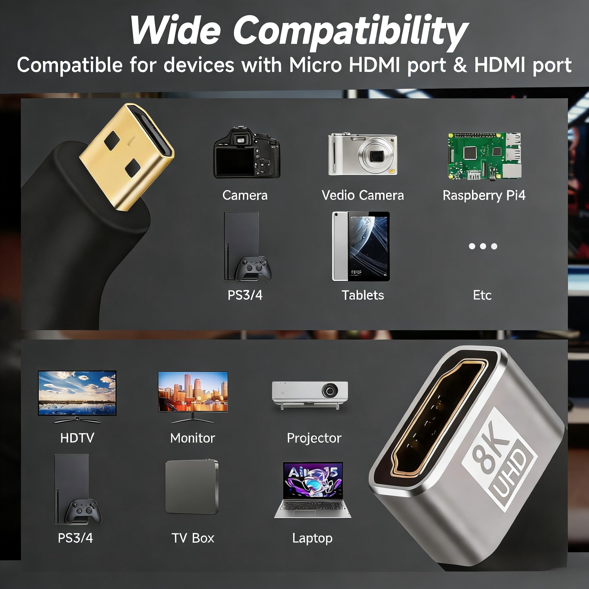 Adattatore da mini e micro HDMI a HDMI, 1 paio di accoppiatori HDMI maschio-femmina | HDMI 2.1 48 Gbps, 8K a 60 Hz, 4K a 120 Hz, HDR 3D Dolby, compatibile con Xbox, PS5, Raspberry Pi, fotocamera e così via