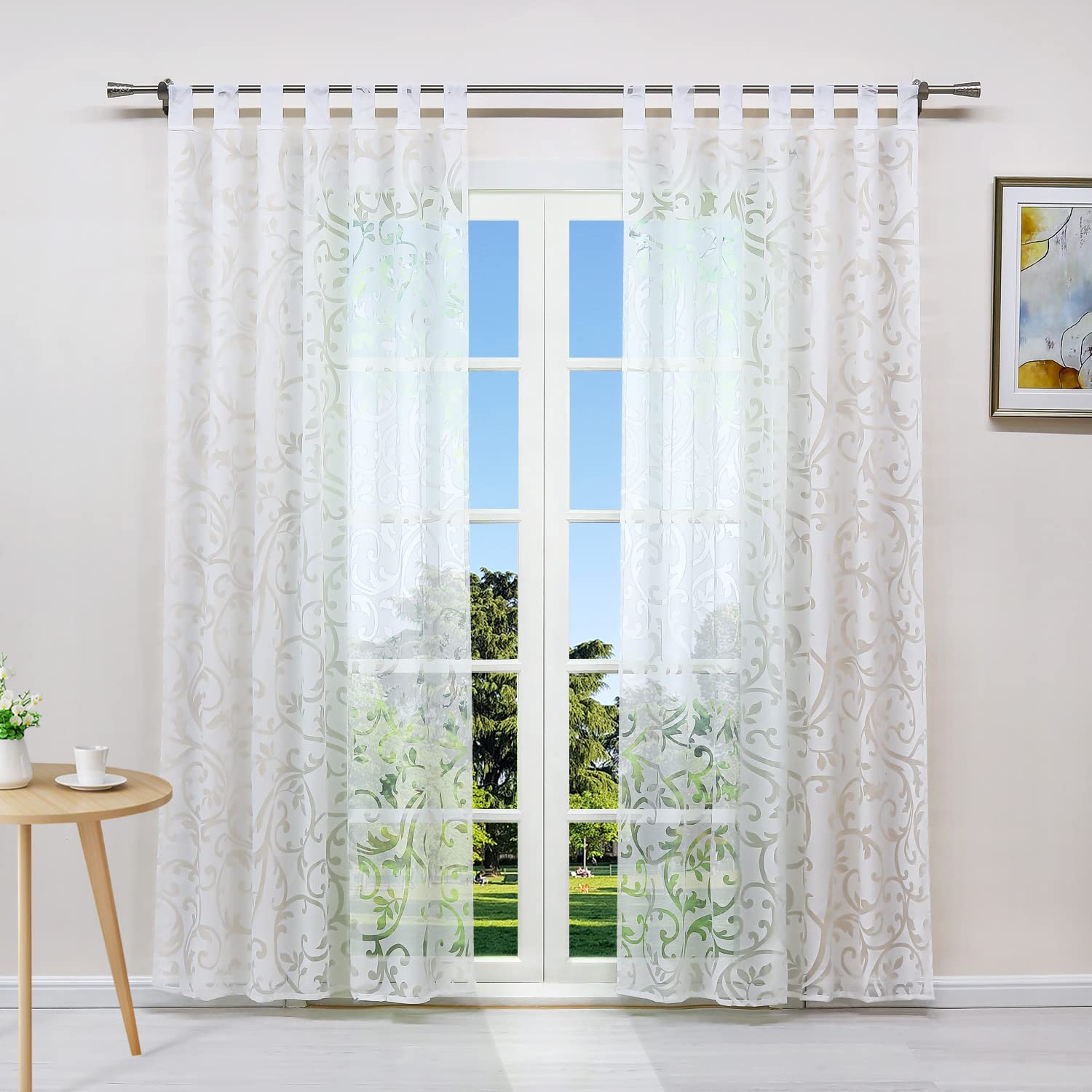 Voilage blanc floral 140x245 cm haut de gamme | Rideau Sheer Burnout chic à oeillets