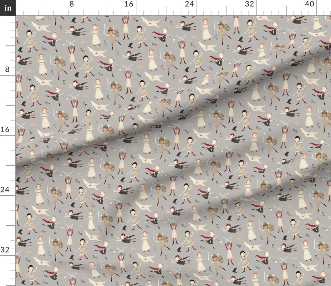 Spoonflower Fabric - Historical Female Warriors Famous Women Whimsical Girl's Feminist Grey Printed on Petal Signature Cotton Fabric Fat Quarter - Sewing Quilting Apparel Crafts Decor