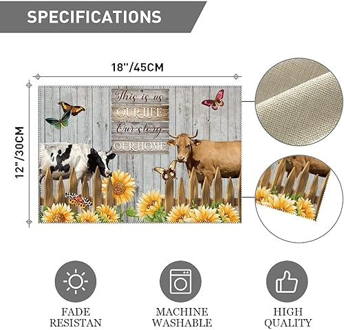 Miniatura 4 de Manteles individuales de verano con girasol de vaca de animales de granja con cita familiar This is Our Life, resistentes al calor, antideslizante,